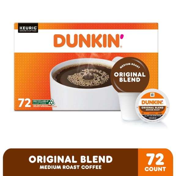 Dunkin' Original Blend Medium Roast Coffee K-Cup Pods, 0.37 oz 72 Count