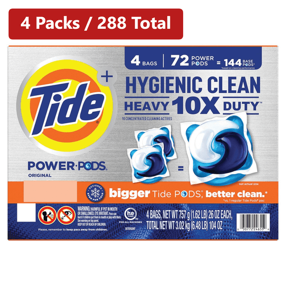 Tide Hygienic Clean Power Pods Laundry Detergent Pacs, Original, 72 Power Pods 4-Bags